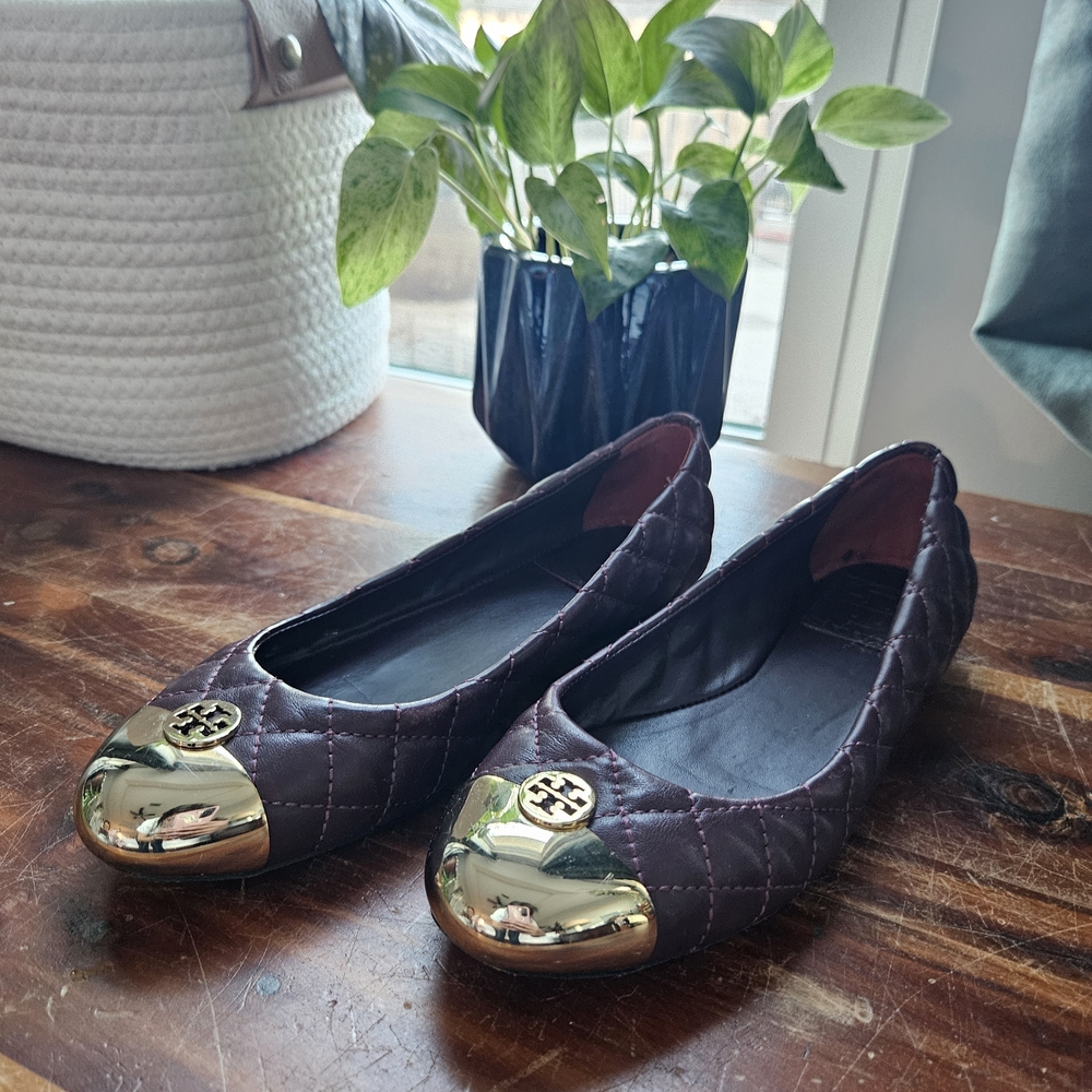 Tory Burch Plum Quilted Flats with Gold Accents